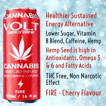 FIR001 - Volt - Fire - 24 x 500ml x 80
Cherry flavoured, Hemp Infused, Energy Drink
Great as a Mixer, or Alone